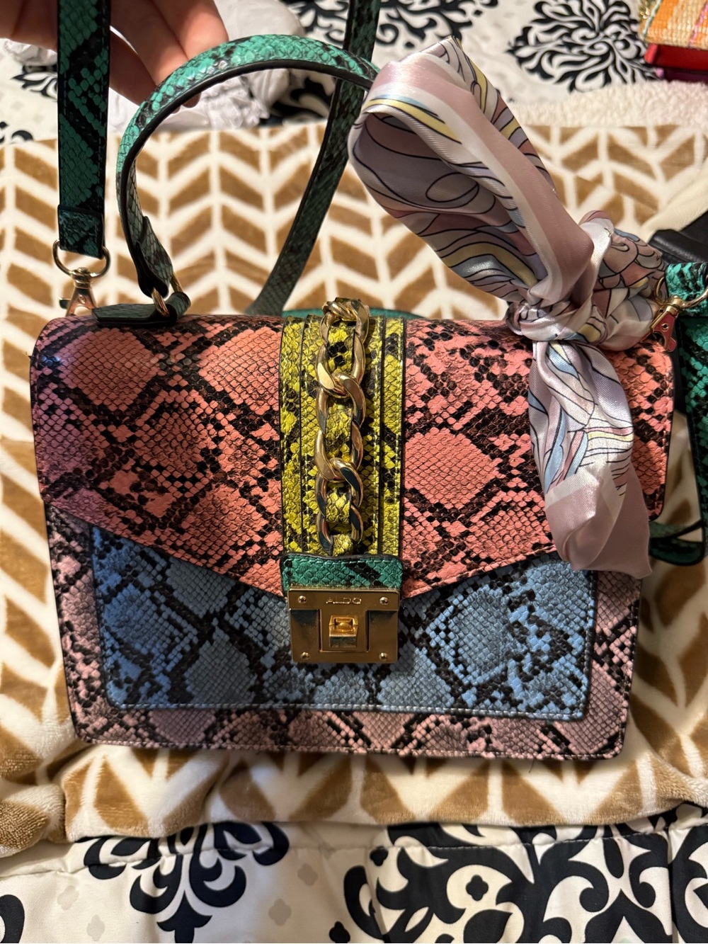 Aldo Multicolor Snake-Print Top Handle Satchel with Scarf
